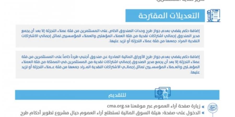 طرح مشروع تطوير أحكام طرح الصناديق الخاصة والأجنبية على عملاء التجزئة للاستطلاع العام