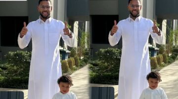 لودي وابنه يتجهان إلى أرينا مرتديين الزي السعودي التقليدي